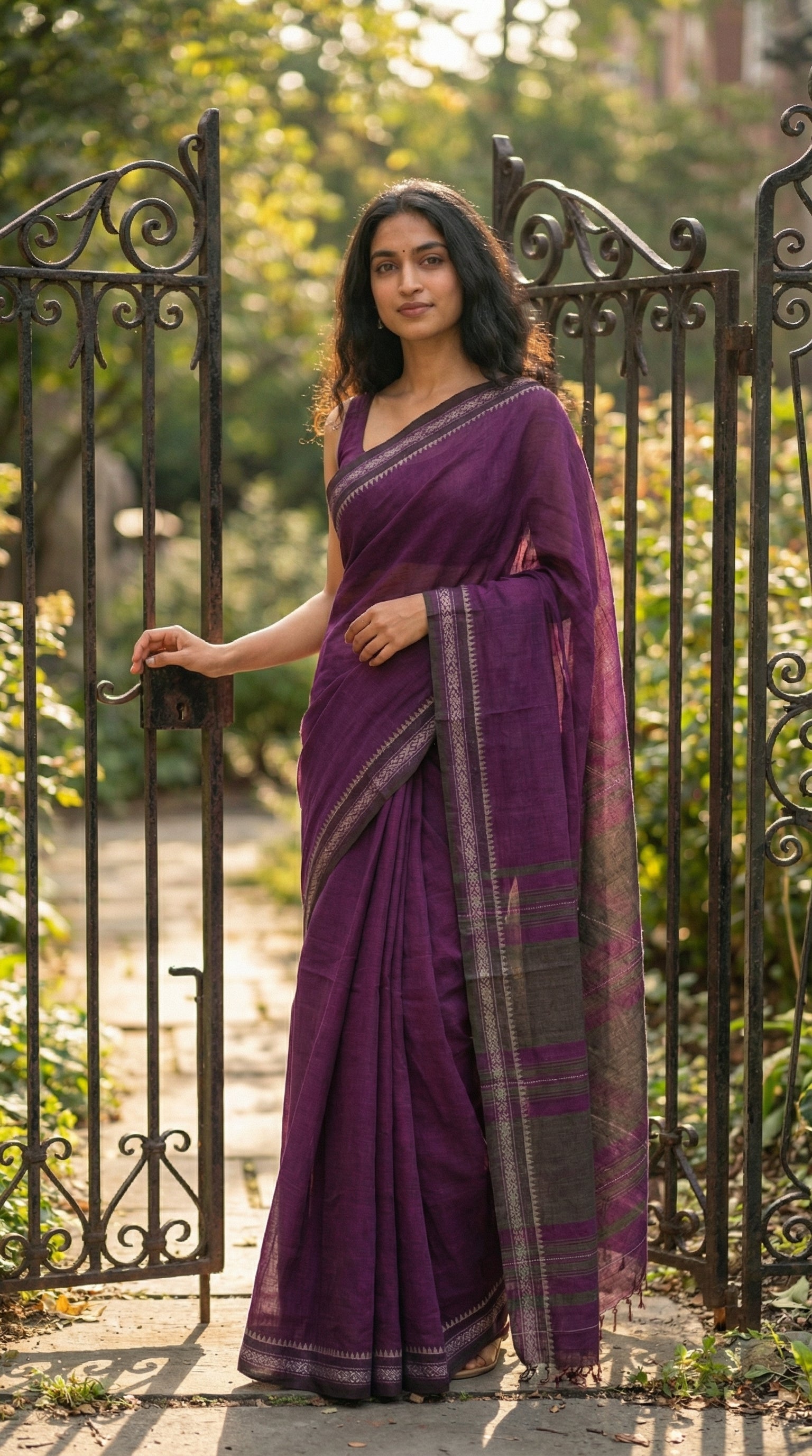 Woman in a magenta-mul-cotton-saree, standing in front of an iron gate with greenery in the background