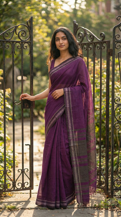Woman in a magenta-mul-cotton-saree, standing in front of an iron gate with greenery in the background