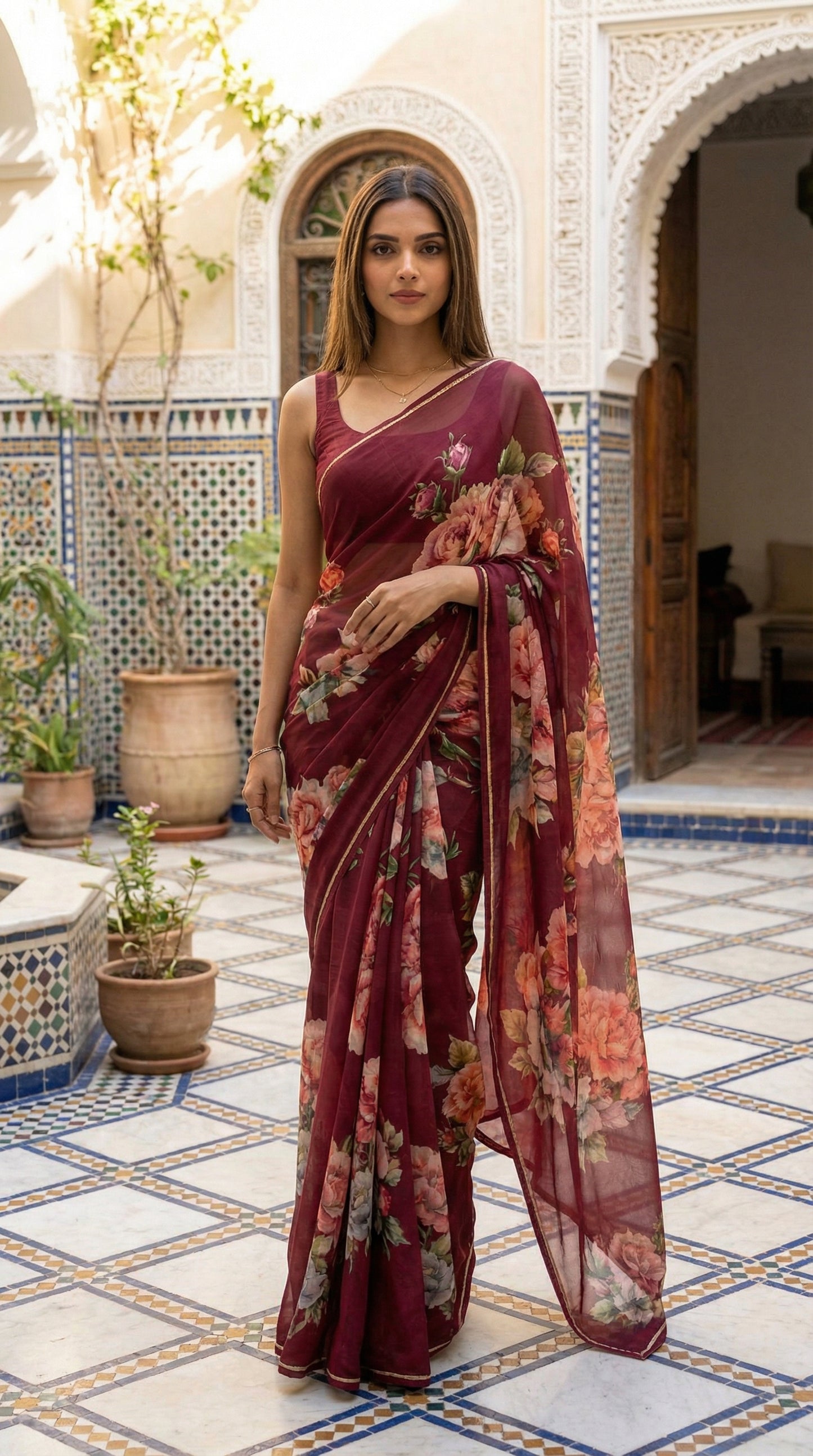 Woman in a maroon chiffon saree with floral prints, in an outdoor setting with decorative tiles and plants.