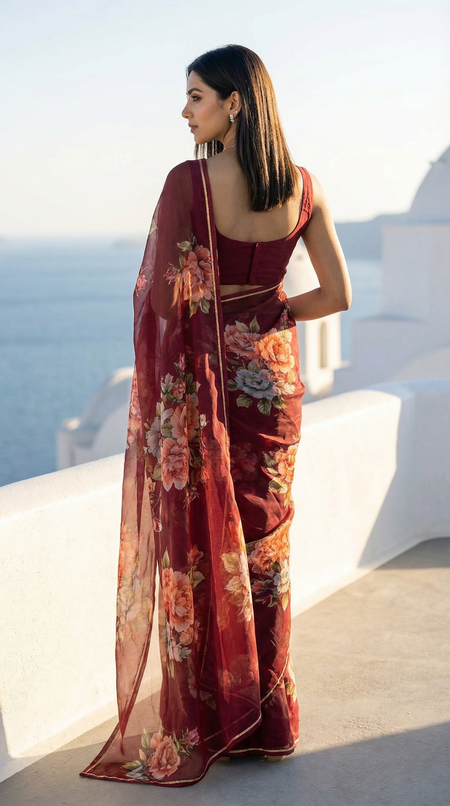 Woman in a maroon chiffon saree with floral prints, with a scenic background.