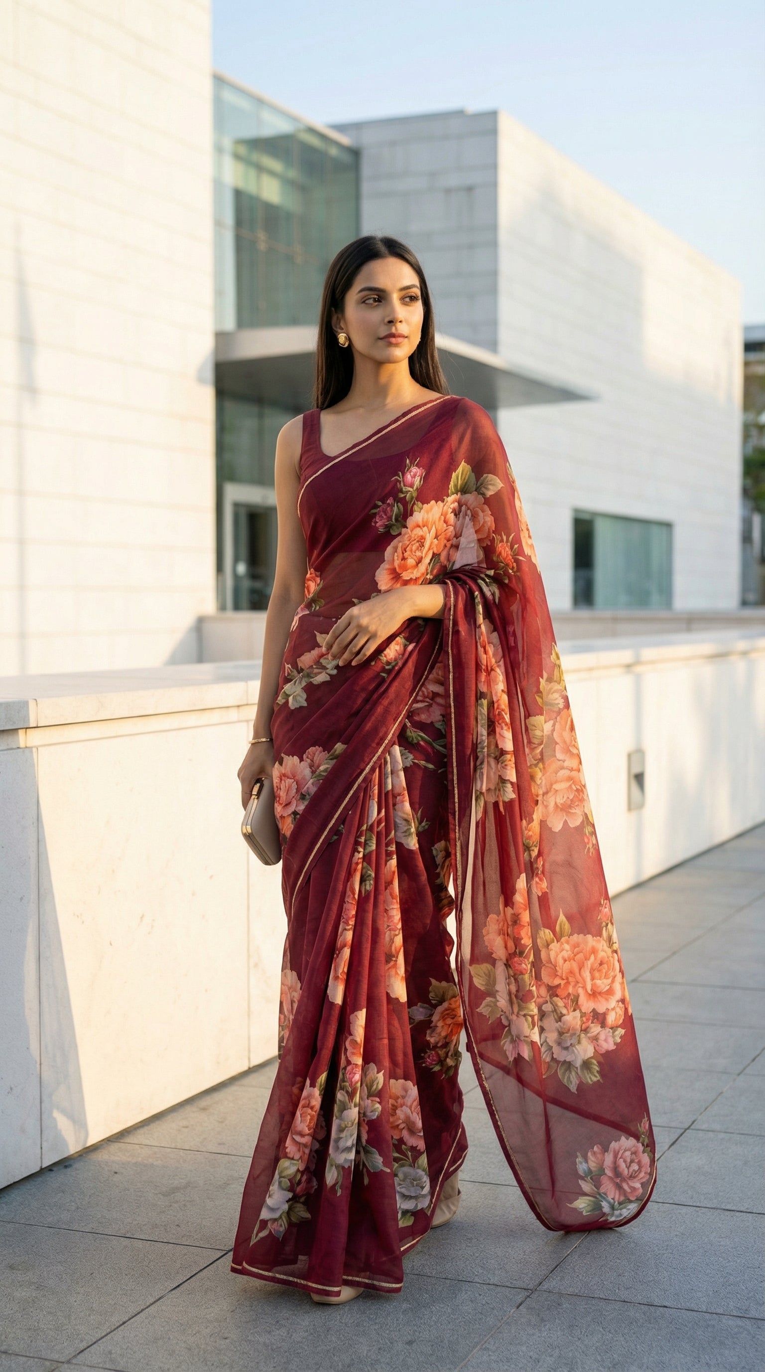 Woman in a maroon chiffon saree with floral prints, with floral patterns standing on a rooftop.
