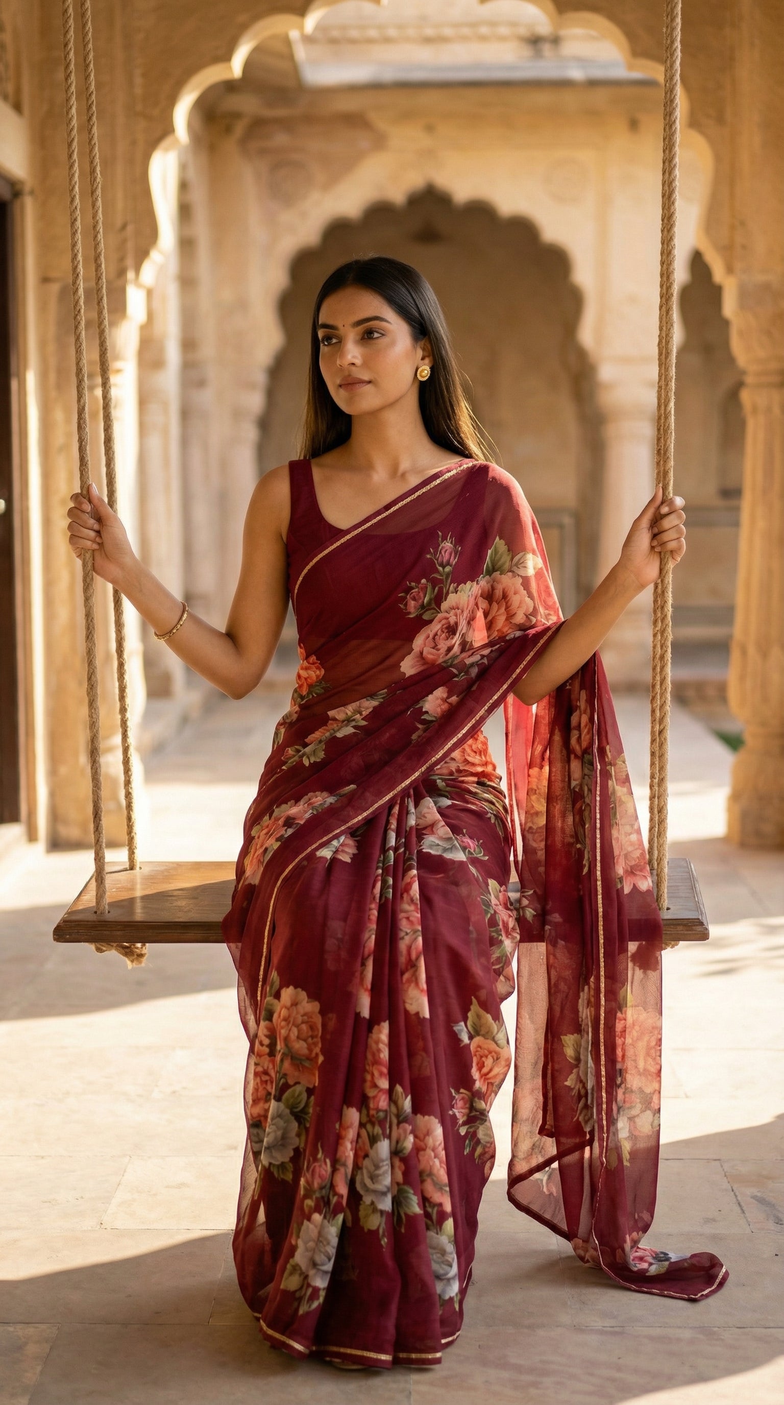 Woman in a maroon chiffon saree with floral prints, standing on a swing with architectural background.