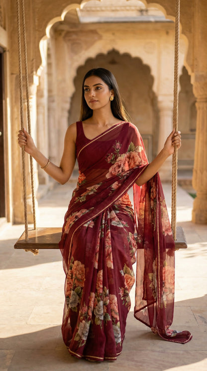 Woman in a maroon chiffon saree with floral prints, standing on a swing with architectural background.