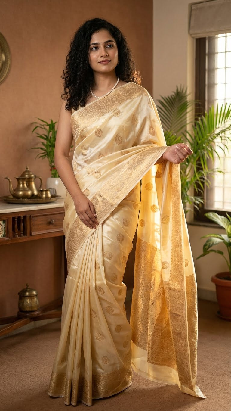 Woman wearing a beige mashru silk saree with golden embroidery in an indoor setting with plants and decor.