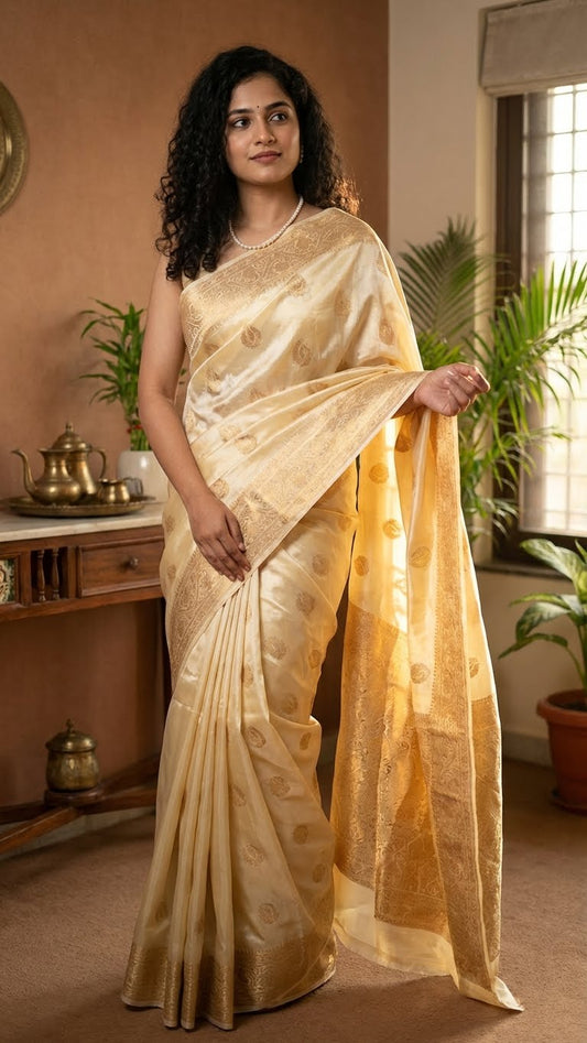 Woman wearing a beige mashru silk saree with golden embroidery in an indoor setting with plants and decor.
