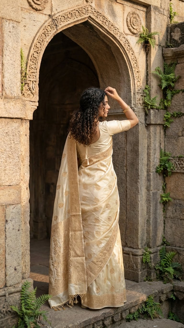 Woman in a beige mashru silk saree with golden embroidery standing in front of an archway with stone walls and greenery.