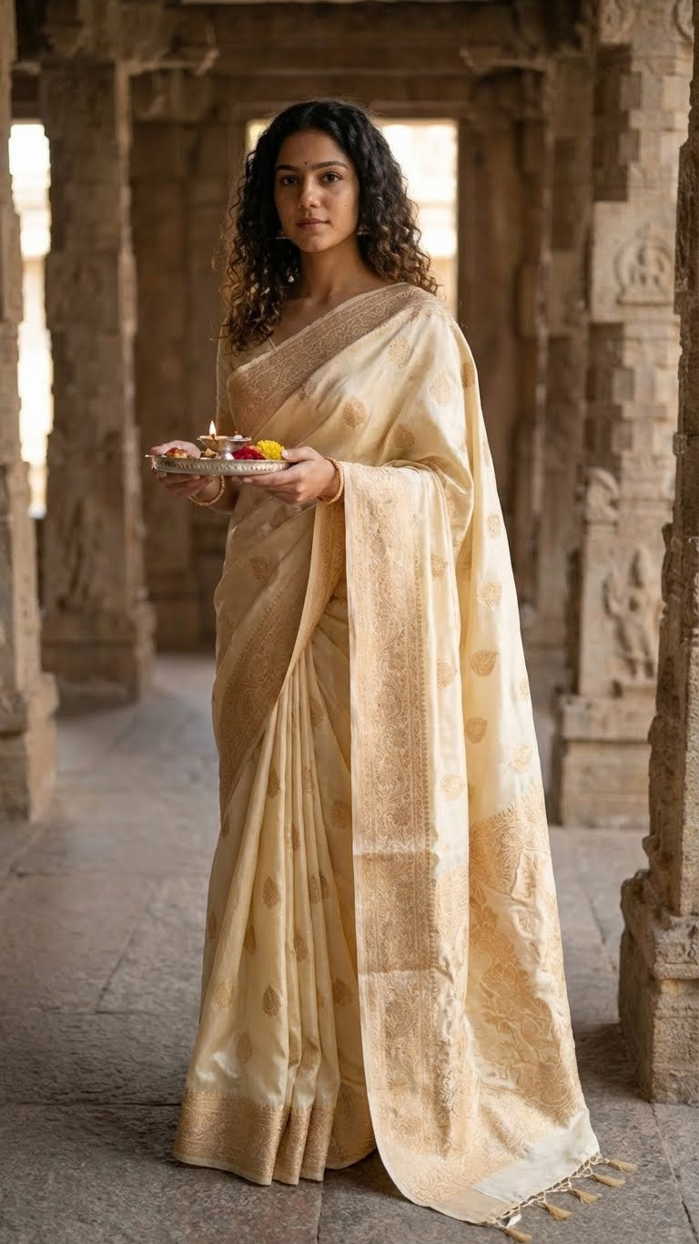 Woman in a beige mashru silk saree with golden embroidery holding a tray with offerings in a temple.