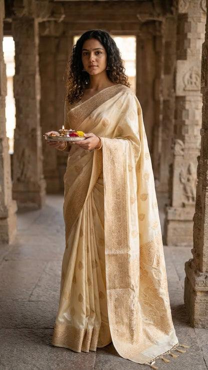 Woman in a beige mashru silk saree with golden embroidery holding a tray with offerings in a temple.