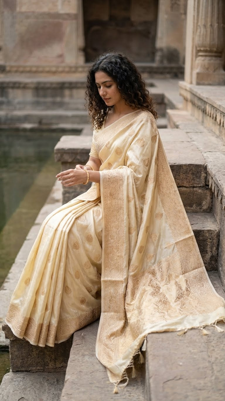 Woman in a beige mashru silk saree with golden embroidery sitting on stone steps with a pool and temple in the background.