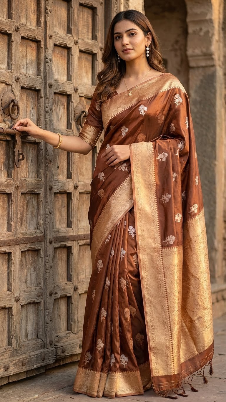 Woman wearing a copper-brown and beige mashru silk saree with floral embroidery standing against a wooden door.