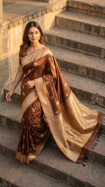 Woman in a copper-brown and beige mashru silk saree with floral embroidery standing on stone steps.