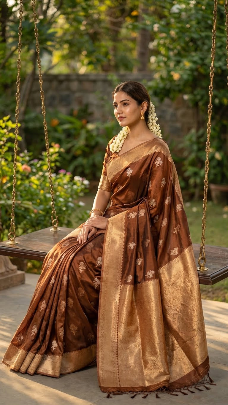 Woman in a copper-brown and beige mashru silk saree with floral embroidery sitting on a swing with greenery in the background.