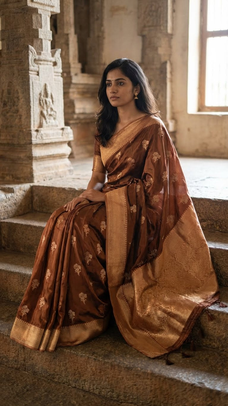 Woman in a copper-brown and beige mashru silk saree with floral embroidery sitting on steps in an architectural setting.
