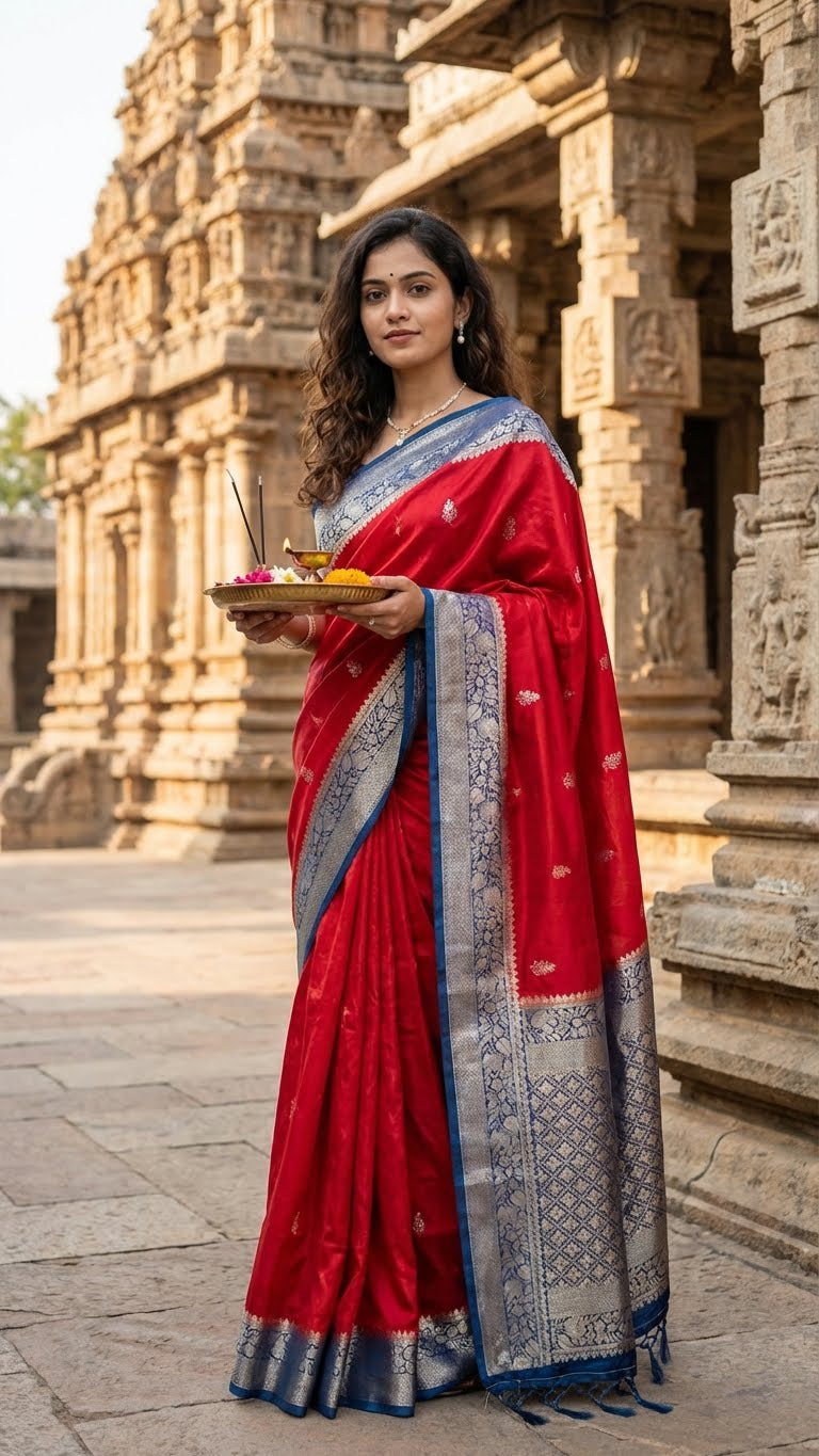 Woman in a Magenta Mashru silk saree with silver-blue ornate border standing in front of an ancient temple.