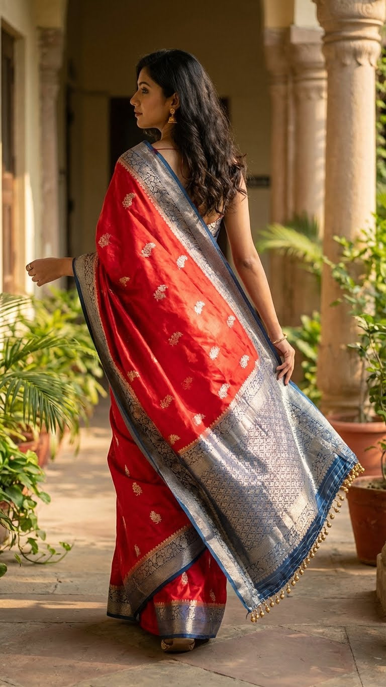 Woman in a Magenta Mashru silk saree with silver-blue ornate border walking outdoors with plants and columns in the background.