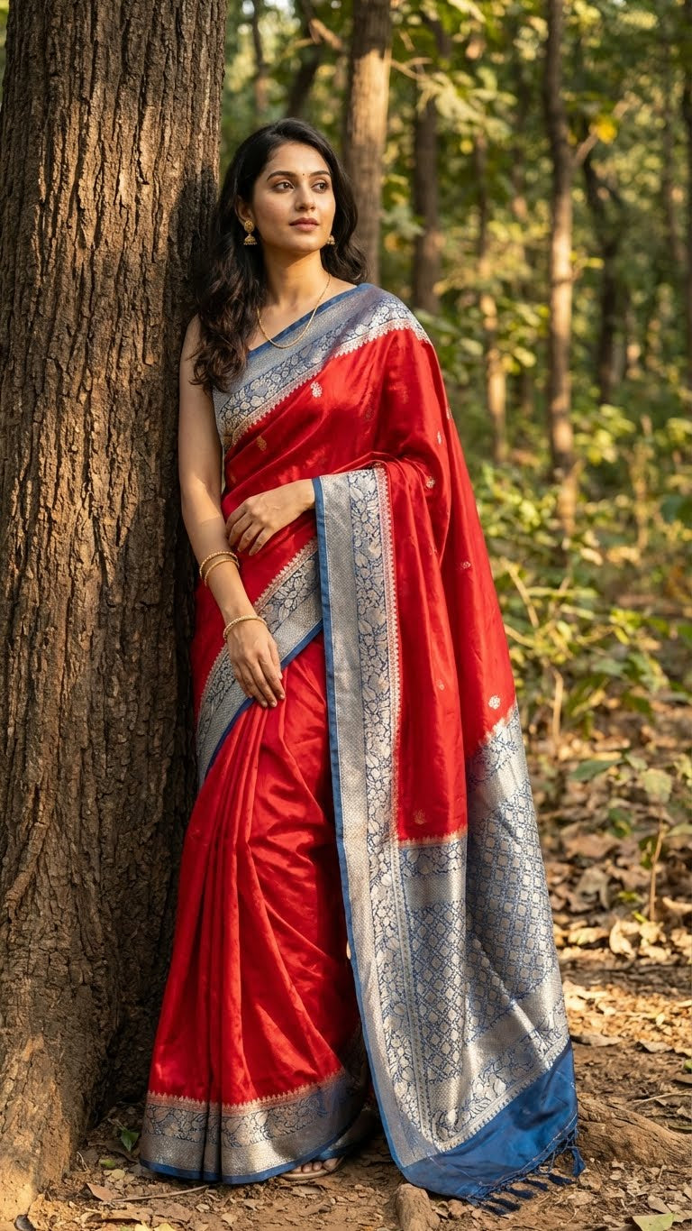 Woman in a Magenta Mashru silk saree with silver-blue ornate border standing against a tree in a forest setting