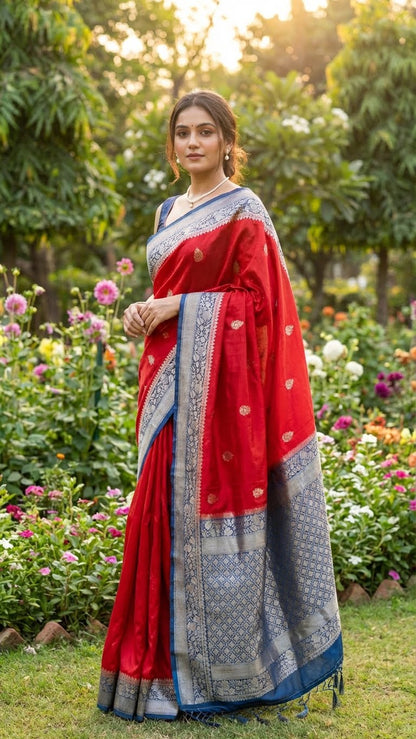 Woman in a Magenta Mashru silk saree with silver-blue ornate border standing in a garden with flowers and trees.
