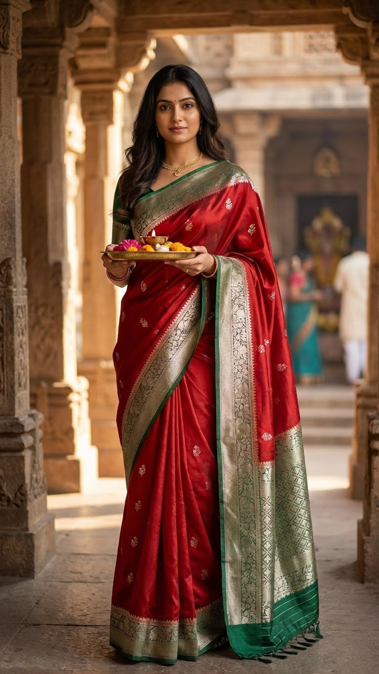 Woman in a red mashru silk saree with green zari border holding a tray with offerings in an architectural setting.