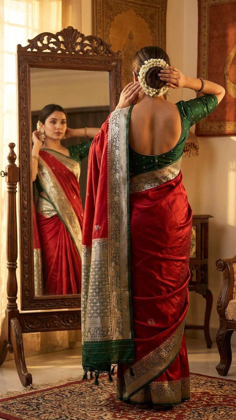 Woman adjusting a red mashru silk saree with green zari border in front of a mirror in a traditional setting.