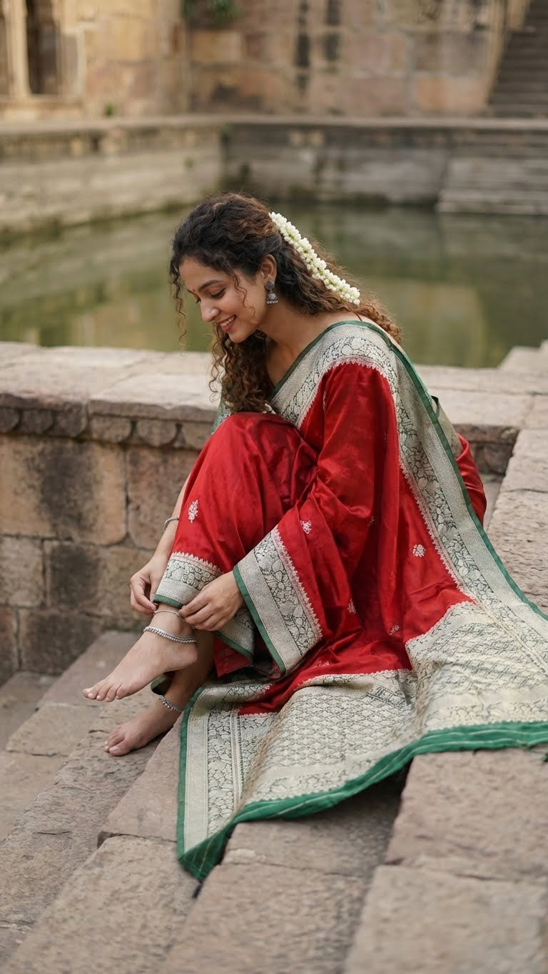 Woman in a red mashru silk saree with green zari border sitting on stone steps near a body of water.