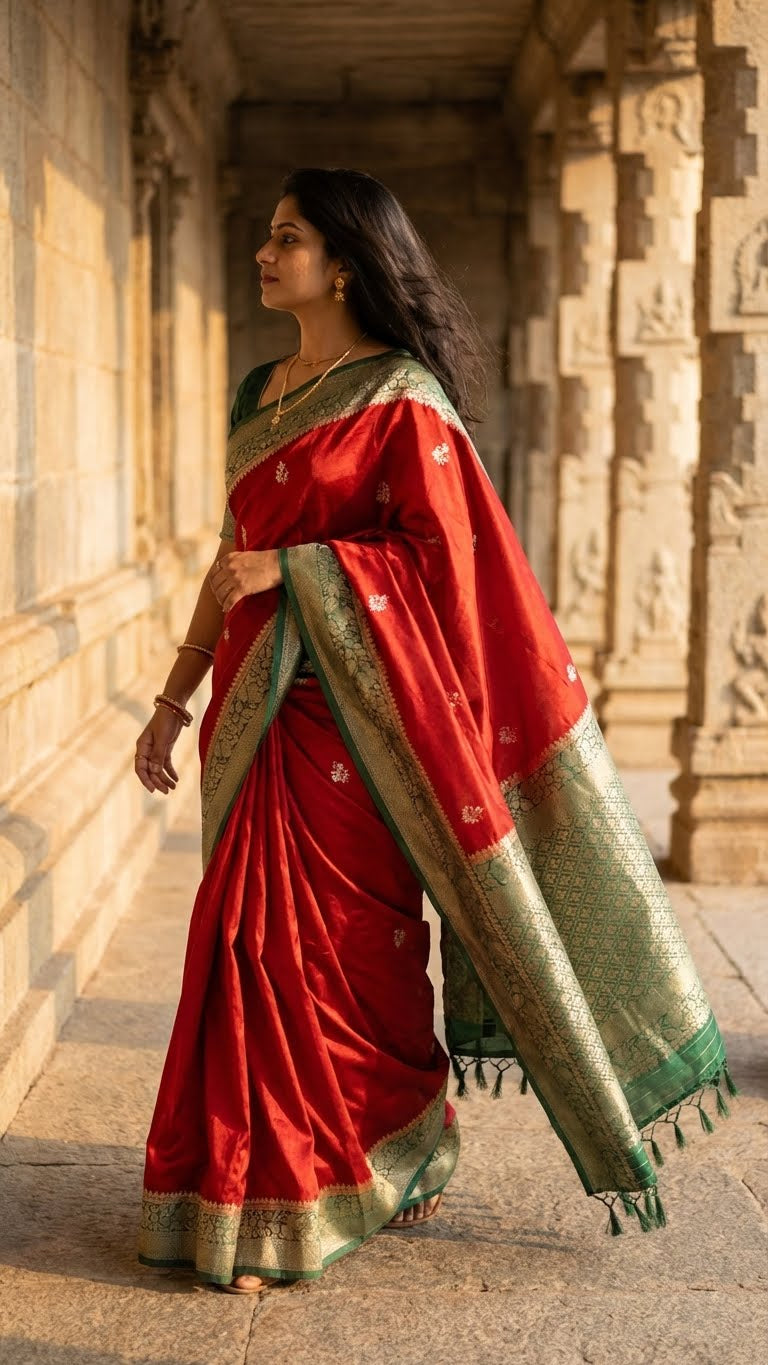 Woman in a red mashru silk saree with green zari border standing in front of architectural background