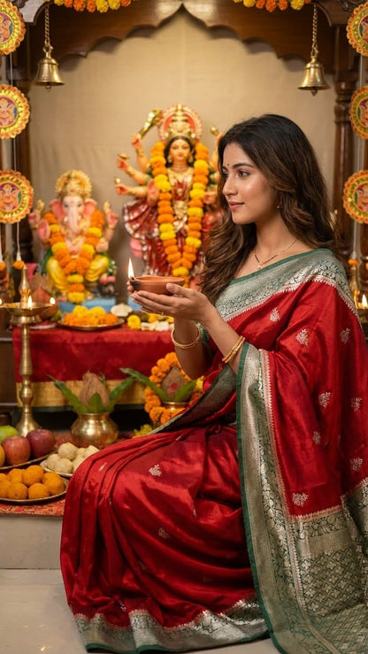 Woman in a red mashru silk saree with green zari border performing a ritual in front of a deity idol in a decorated room.