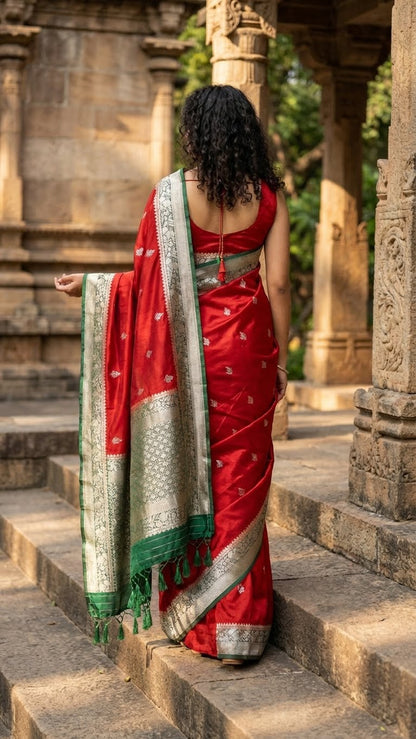 Woman in a red mashru silk saree with green zari border standing on stone steps in an ancient temple setting.