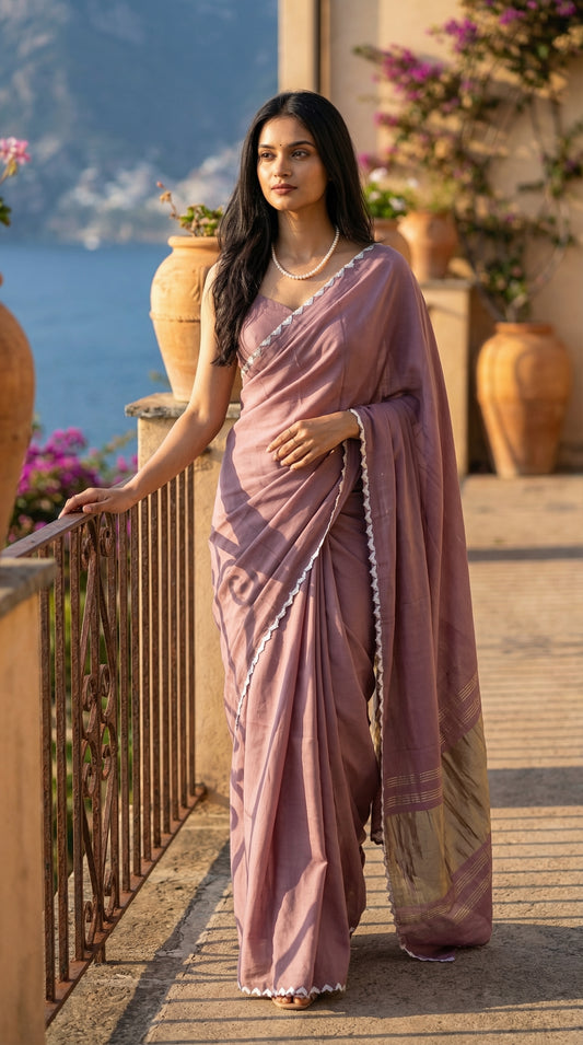 Woman in a mauve-modal-silk-saree-lagdi-patta-pallu, standing in an outdoor setting with greenery.