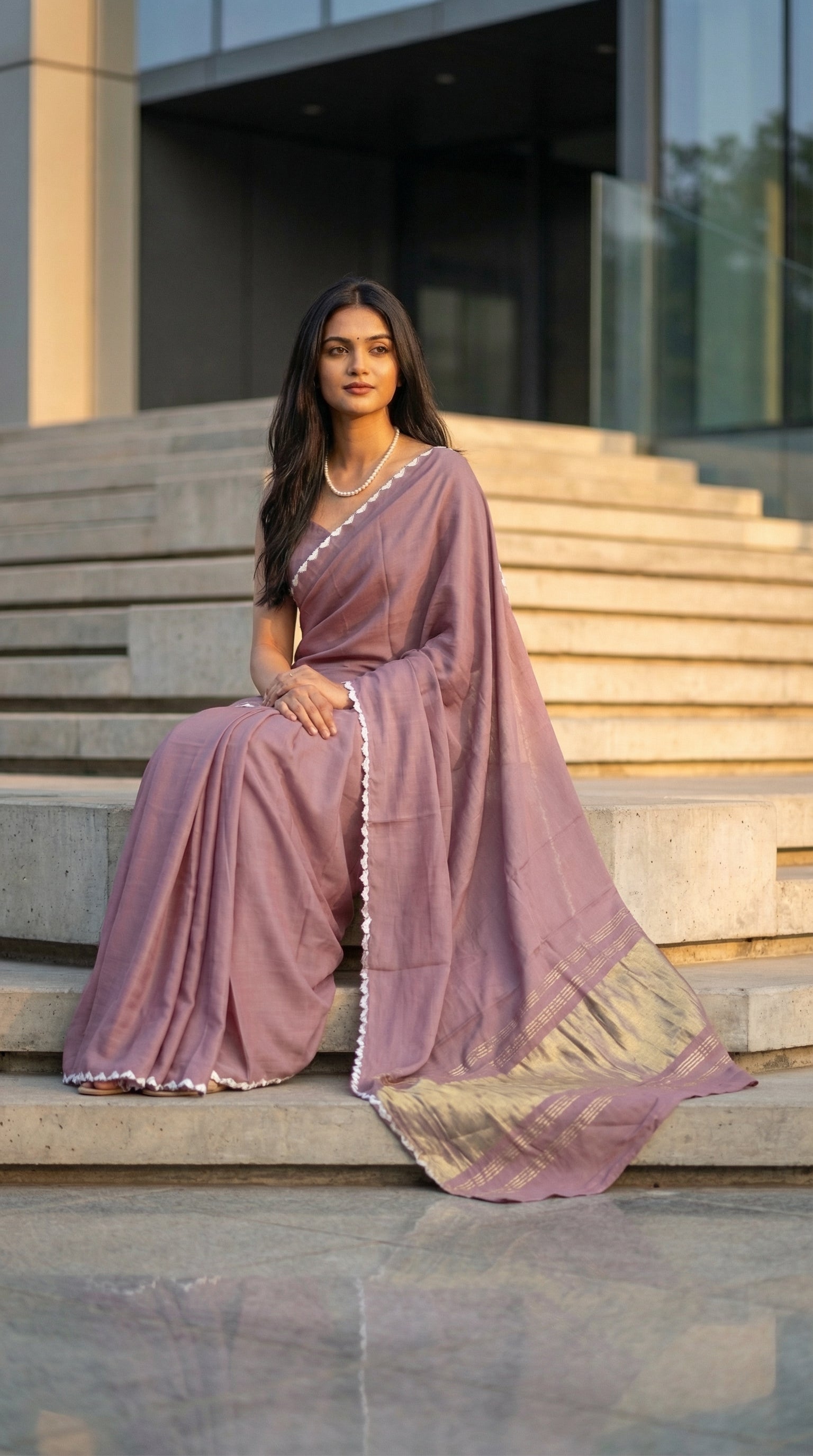 Woman in a mauve-modal-silk-saree-lagdi-patta-pallu, sitting on step outside of a building.