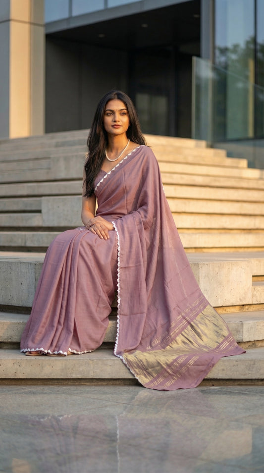 Woman in a mauve-modal-silk-saree-lagdi-patta-pallu, sitting on step outside of a building.