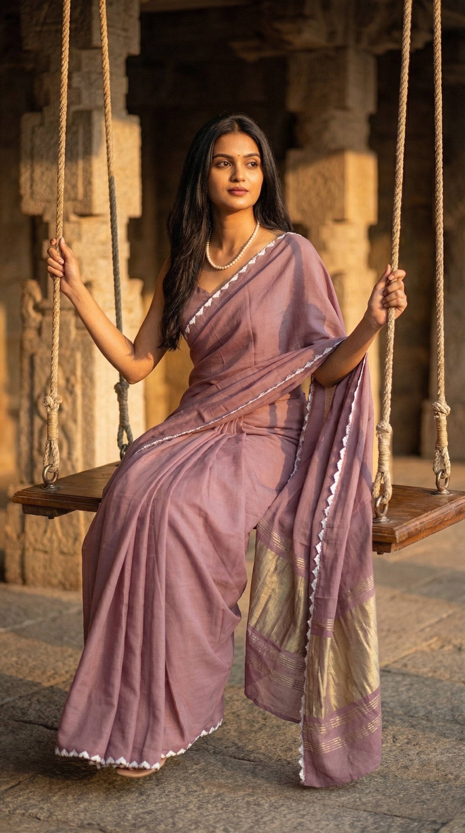 Woman in a mauve-modal-silk-saree-lagdi-patta-pallu, sitting on a Jhula in an architectural setup.
