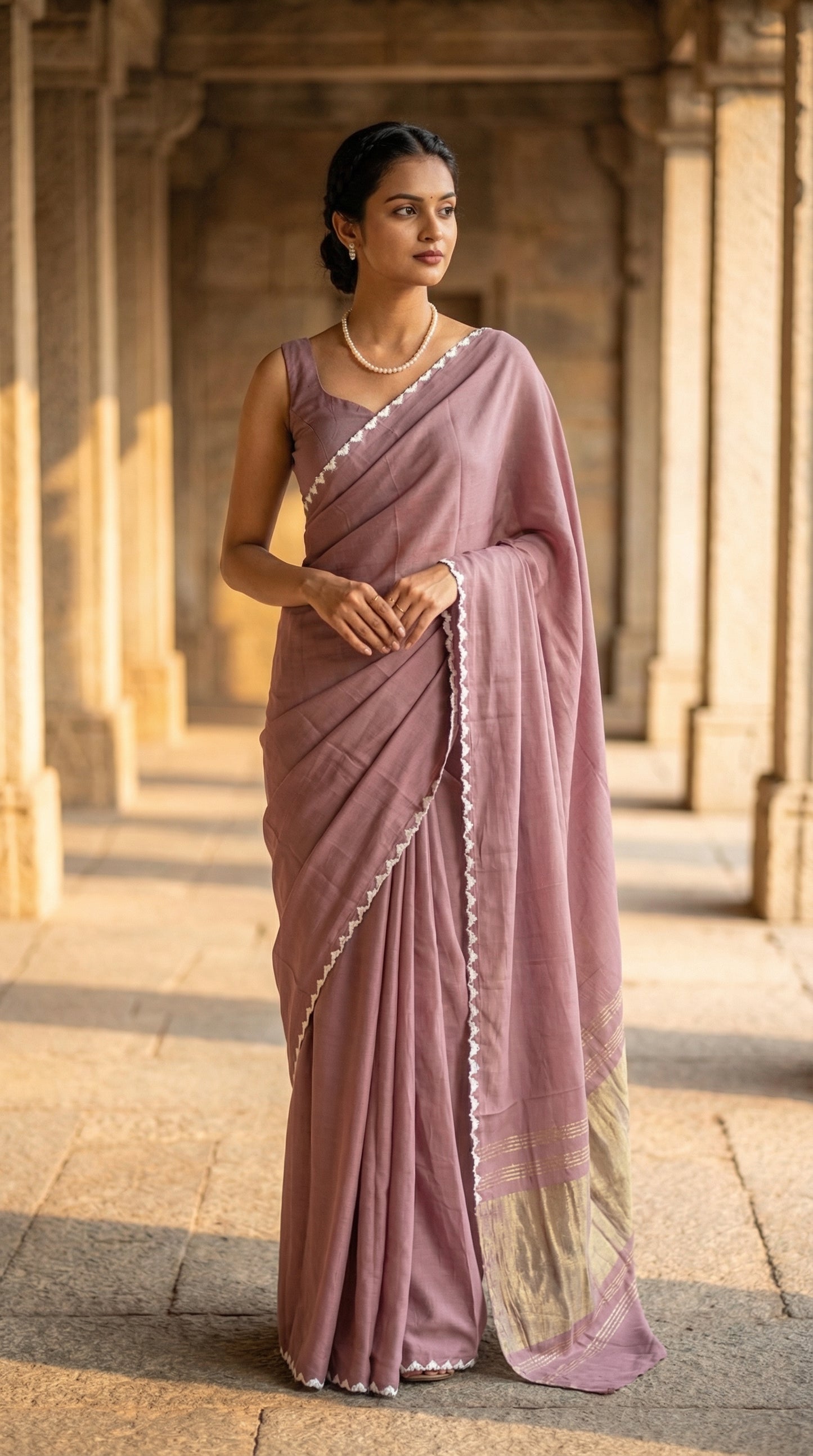 Woman in a mauve-modal-silk-saree-lagdi-patta-pallu, standing in a corridor of an architectural setup.