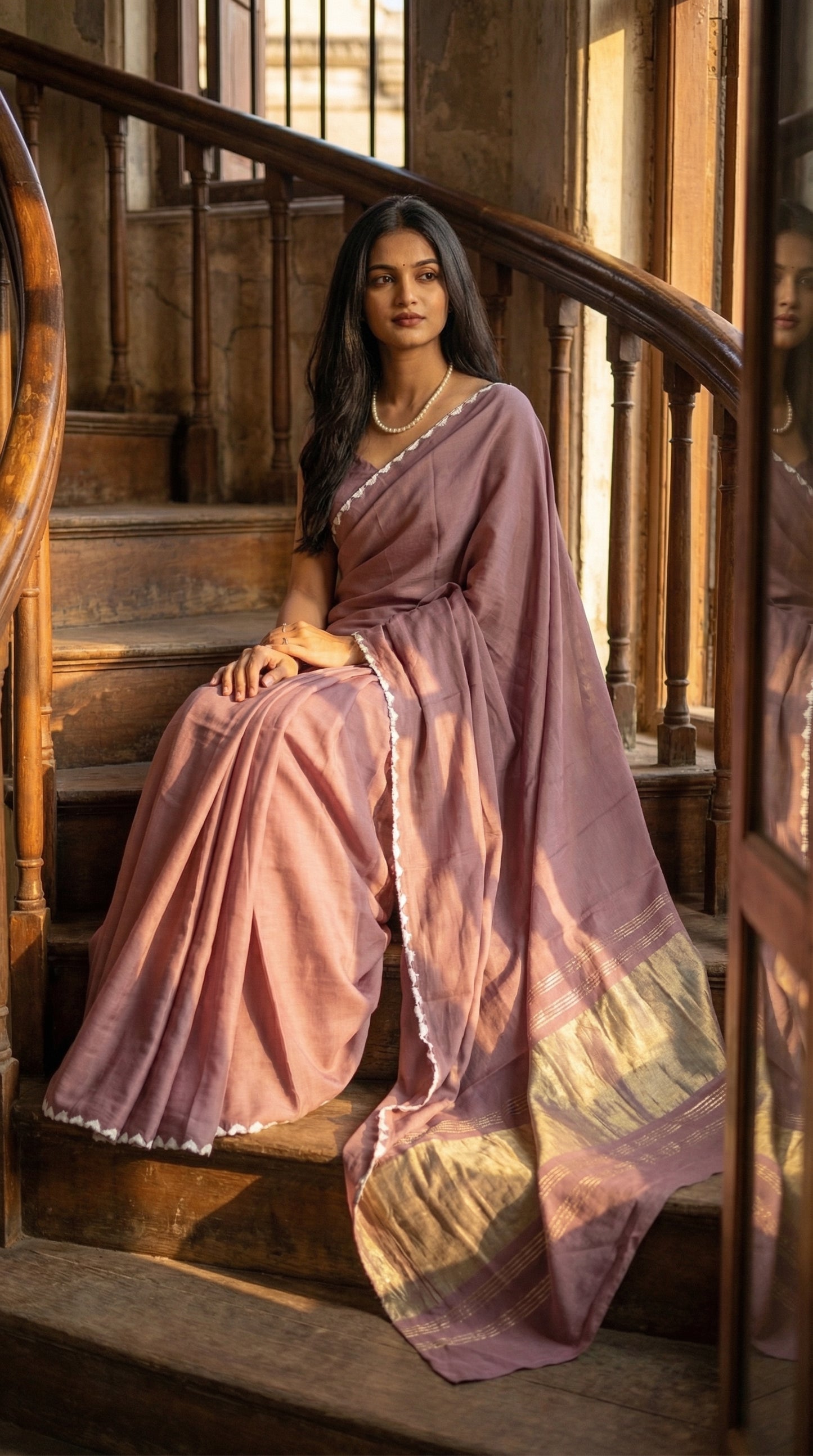 Woman in a mauve-modal-silk-saree-lagdi-patta-pallu, sitting on a wooden staircase.