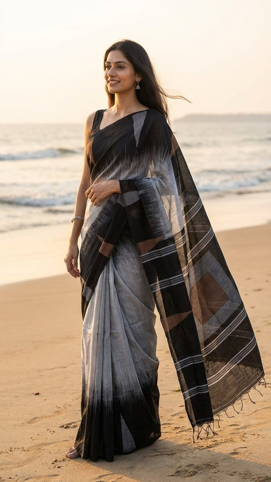 Woman in a metallic grey blended cotton handloom saree with a bold black border and geometric rust accents standing on a beach with ocean in the background.