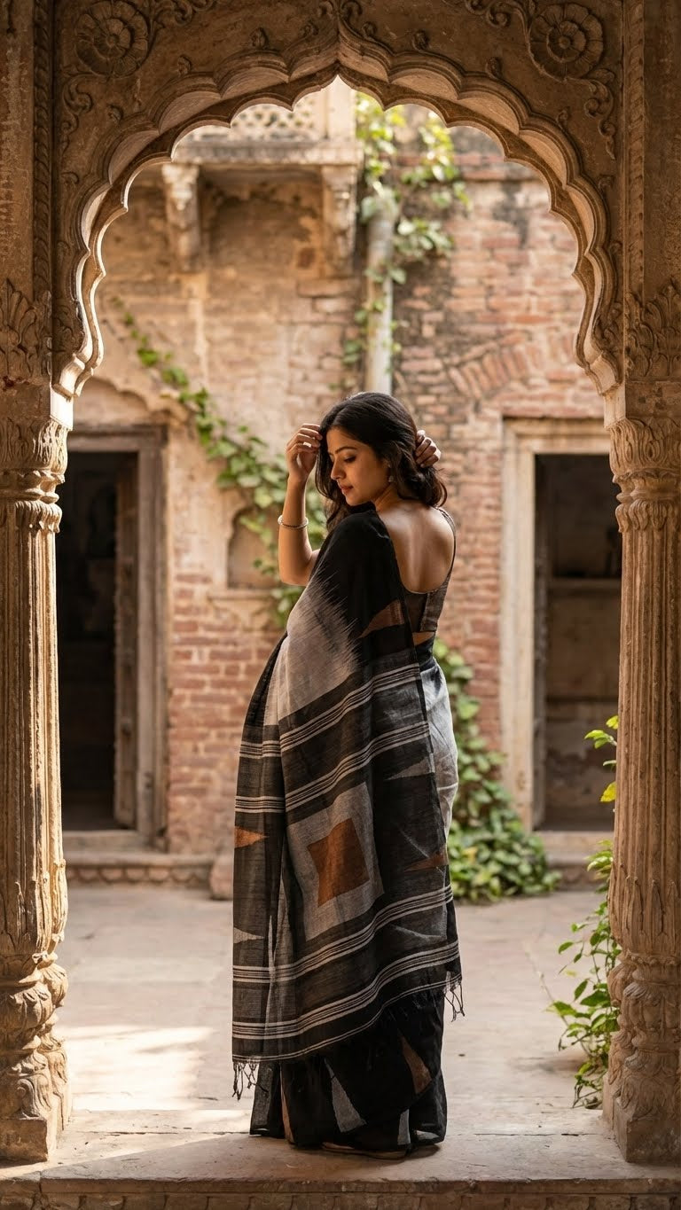 Woman in a metallic grey blended cotton handloom saree with a bold black border and geometric rust accents standing in an archway with a rustic background