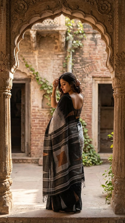 Woman in a metallic grey blended cotton handloom saree with a bold black border and geometric rust accents standing in an archway with a rustic background