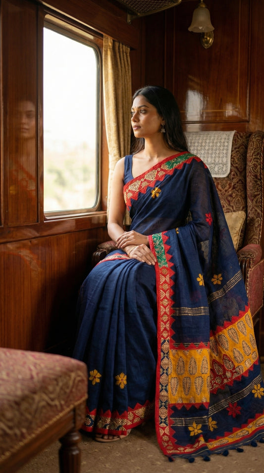 Woman in a midnight indigo linen cotton saree with handcrafted applique border, sitting by a window in a train carriage.