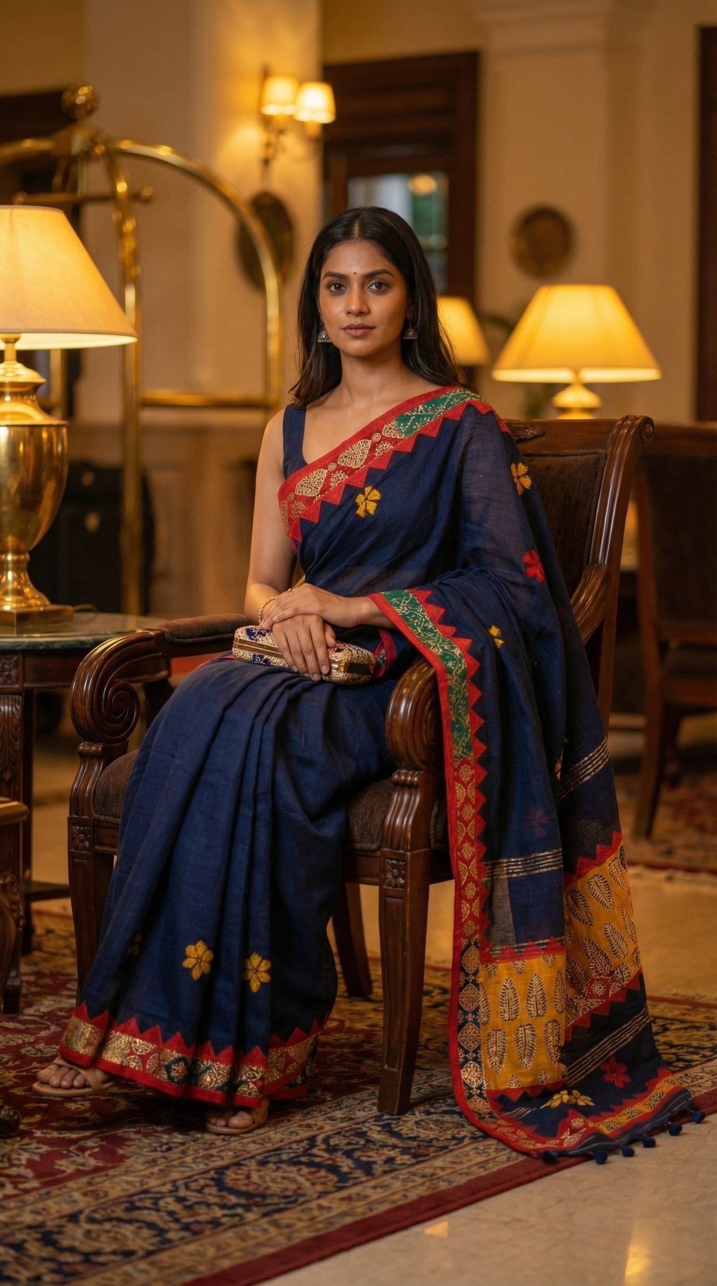Woman in a midnight indigo linen cotton saree with handcrafted applique border, sitting in an elegant room with lamps and decor.