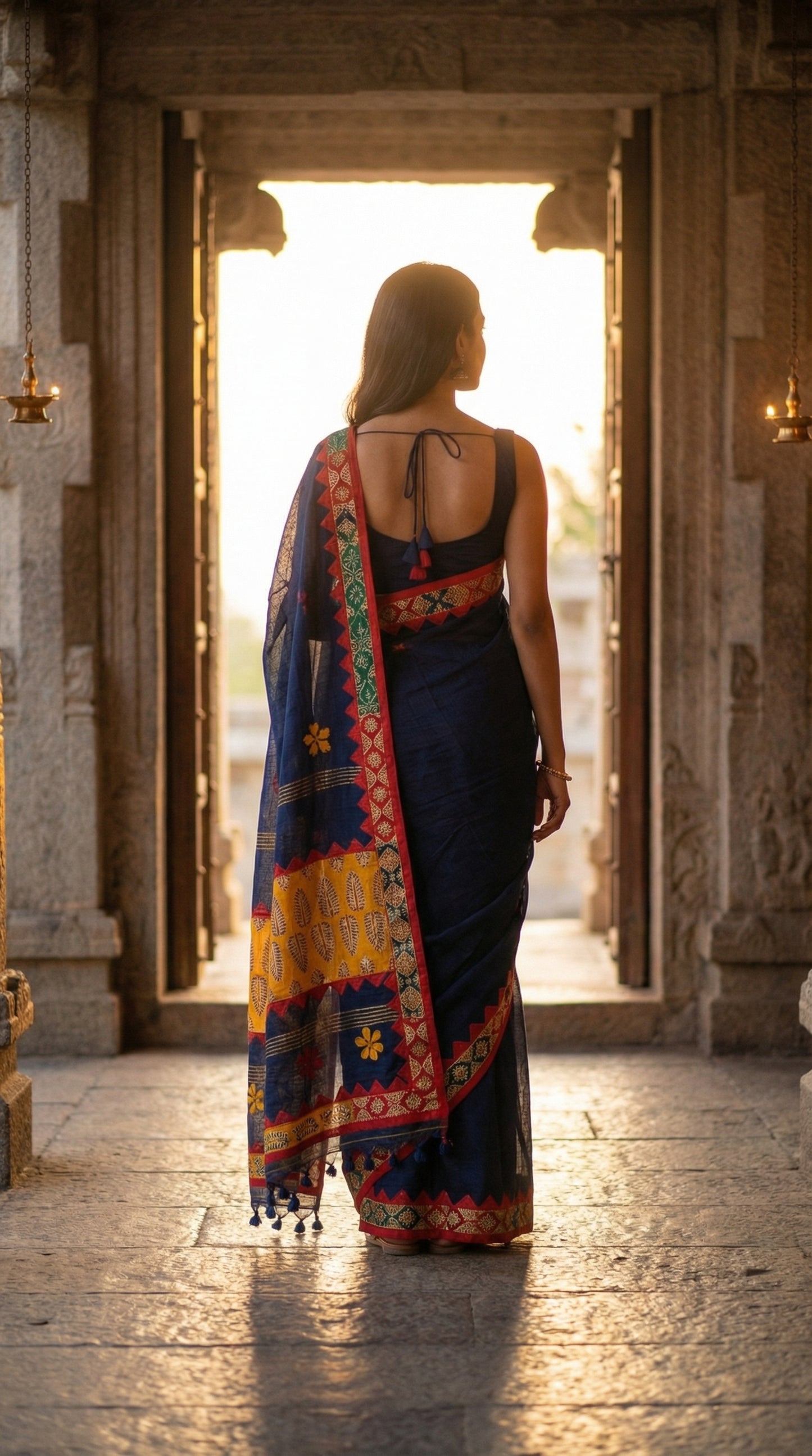 Woman in a midnight indigo linen cotton saree with handcrafted applique border, standing in an architectural setting with sunlight filtering through.