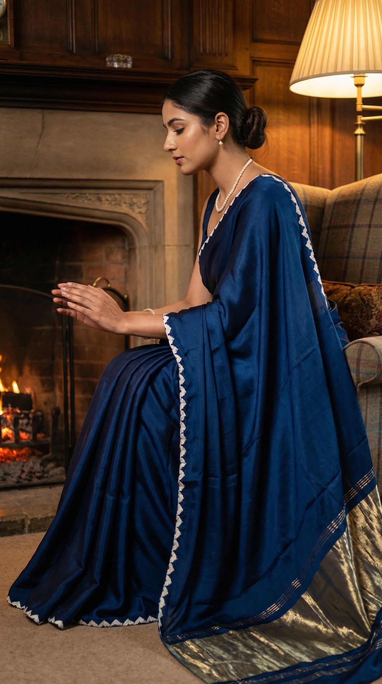 Woman in a blue Modal Silk Saree with Lagdi Patta Pallu saree with white border, sitting in a room with a fireplace.