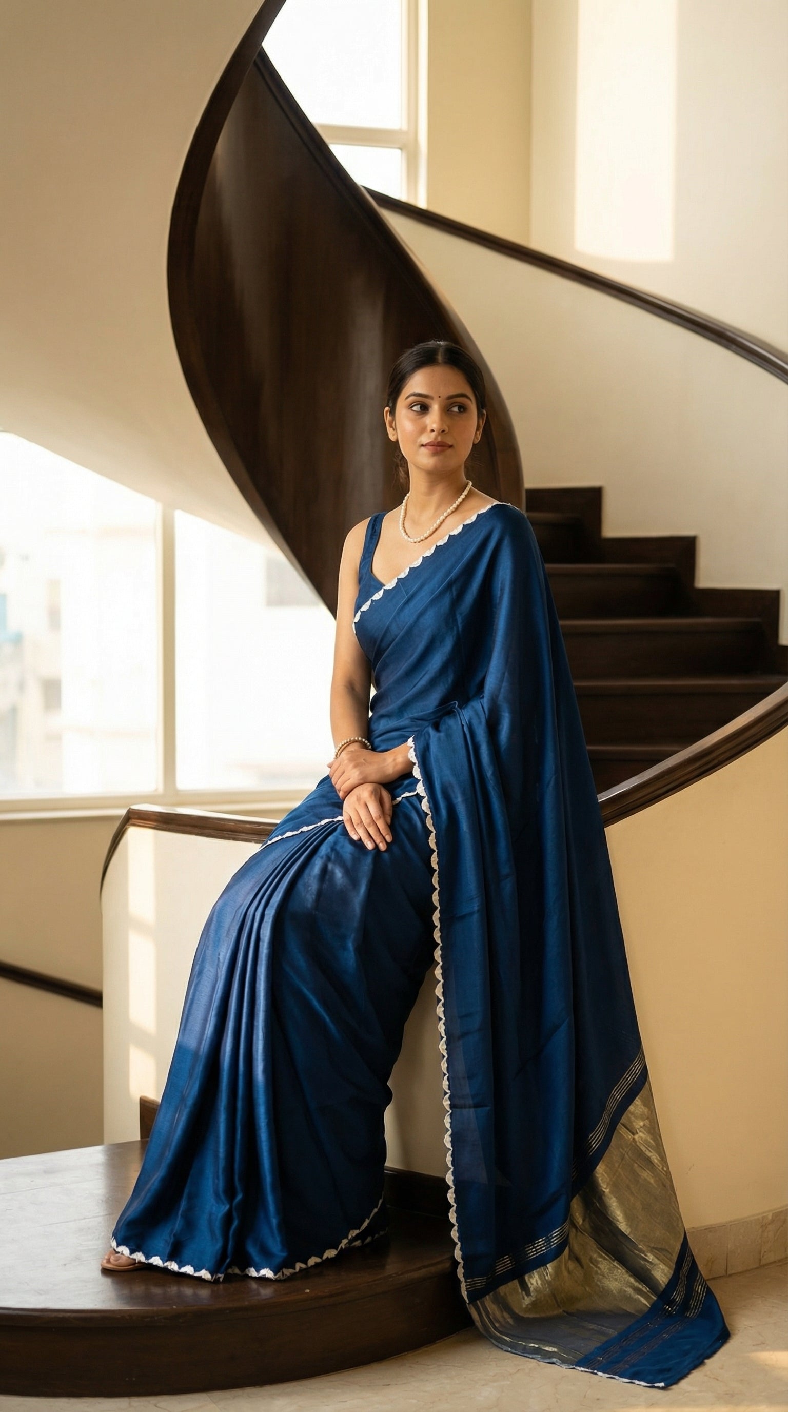 Woman in a blue Modal Silk Saree with Lagdi Patta Pallu saree with white border, sitting on a staircase handrailing.