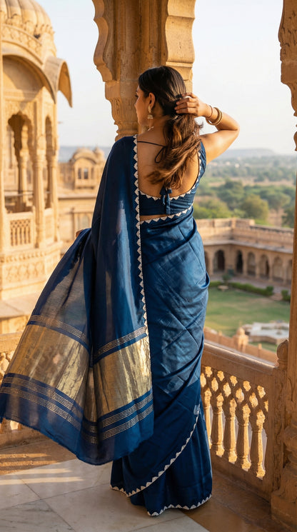 Woman in a blue Modal Silk Saree with Lagdi Patta Pallu saree with white border, standing on a balcony with scenic view.