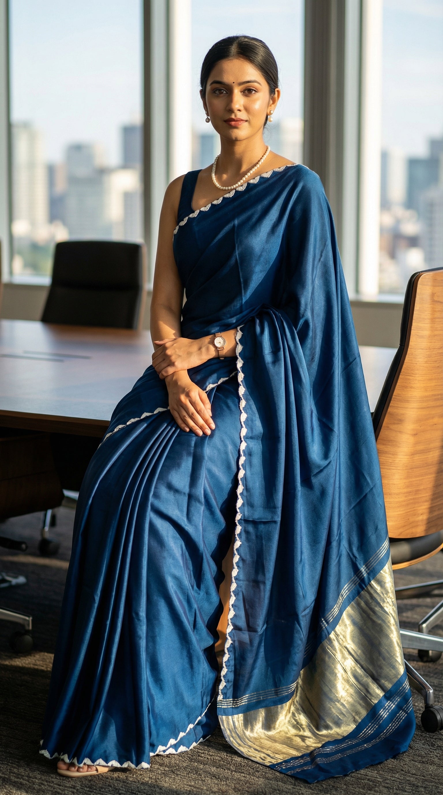Woman in a blue Modal Silk Saree with Lagdi Patta Pallu saree with white border, sitting in an office setting with cityscape view.
