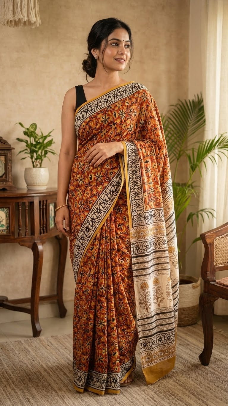 Woman wearing a Modal Silk Saree – Reddish-Orange with Black & White Border and Golden Pallu Motifs with intricate patterns in a home setting