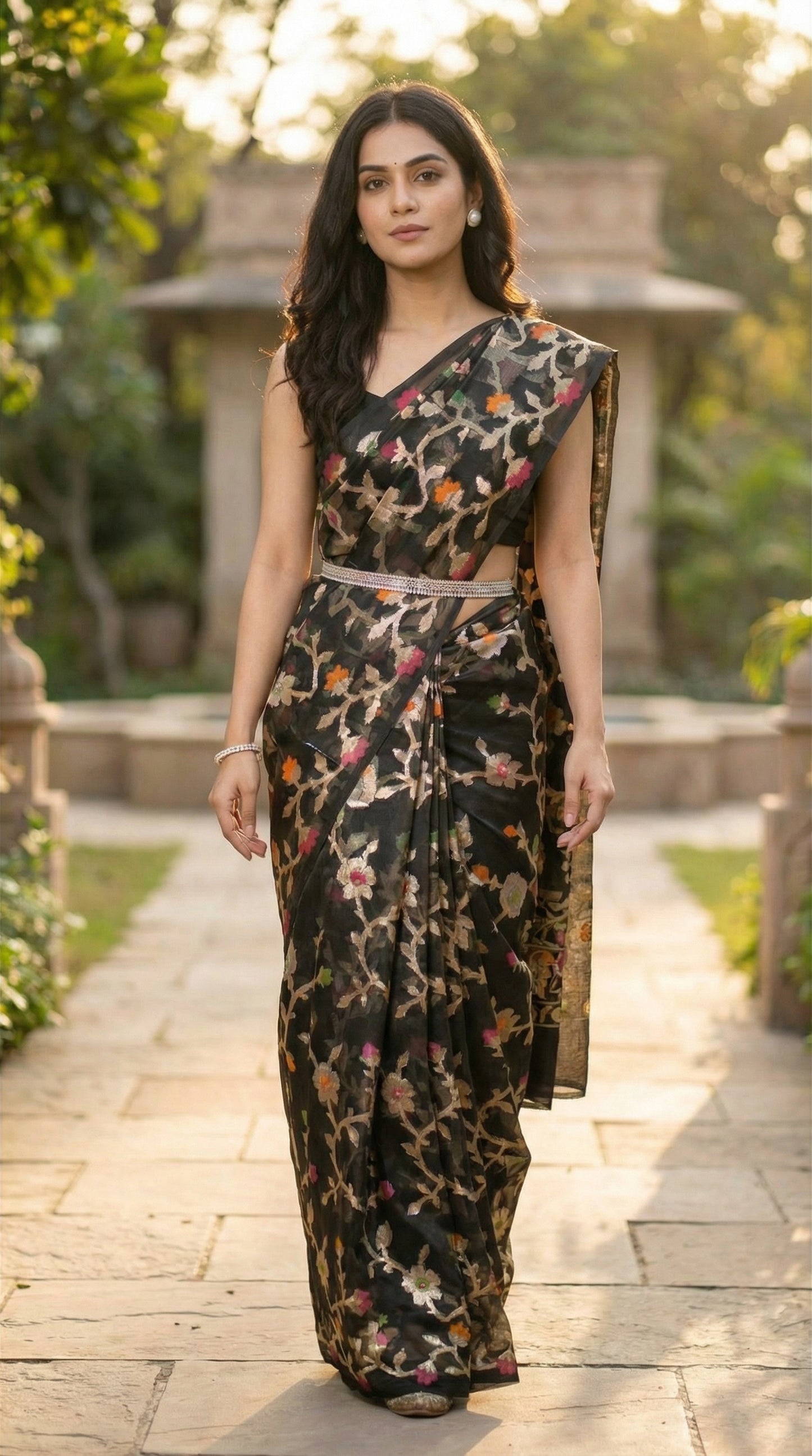Woman wearing Black muslin blended silk saree with Jamdani weave and gold zari jaal. Slow walk toward camera, hands relaxed, pallu secured behind; highlights movement in pleats and lower border.