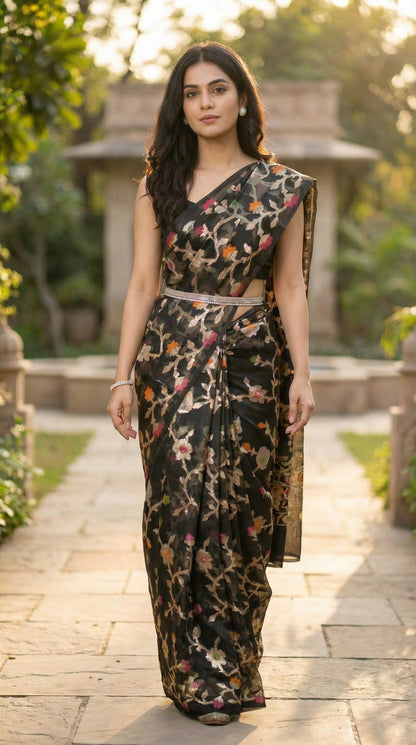 Woman wearing Black muslin blended silk saree with Jamdani weave and gold zari jaal. Slow walk toward camera, hands relaxed, pallu secured behind; highlights movement in pleats and lower border.