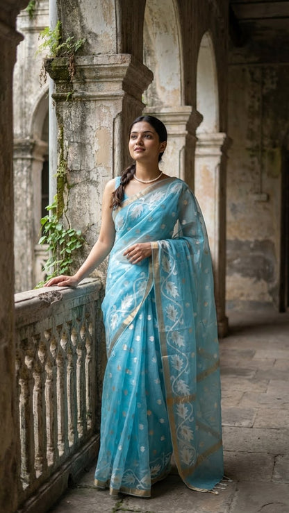 Woman in a sky blue organza muslin saree with golden border and Jamdani floral embroidery standing on a stone balcony with architectural background
