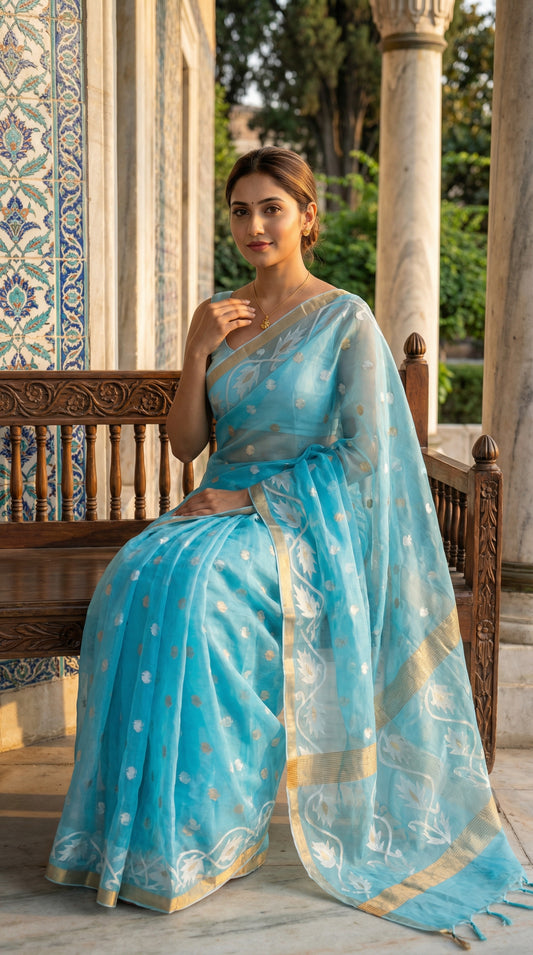 Woman in a sky blue organza muslin saree with golden border and Jamdani floral embroidery, sitting on a bench with a decorative wall and trees in the background.
