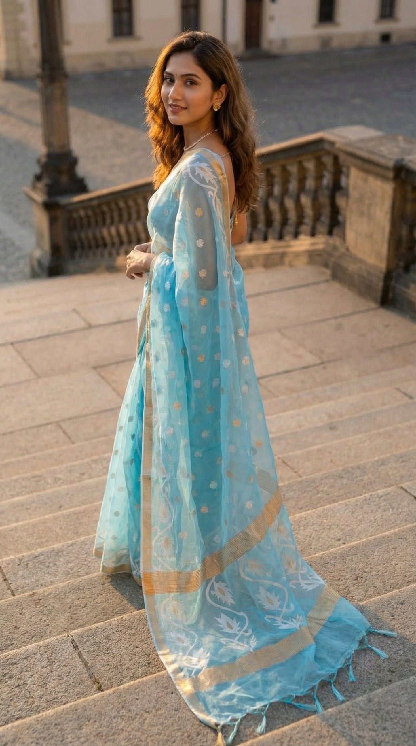 Woman in a sky blue organza muslin saree with golden border and Jamdani floral embroidery, standing on a stone pathway.
