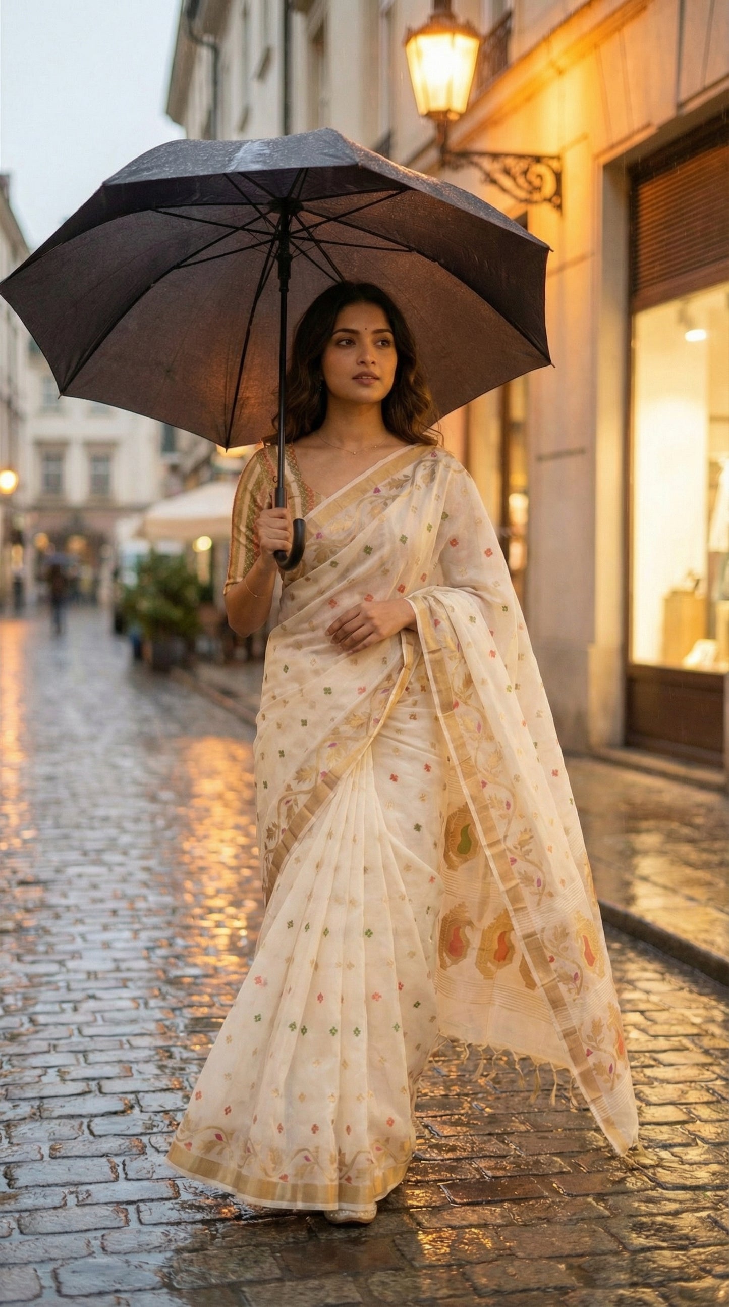 Woman in a cream muslin blended silk saree with golden border and pastel Jamdani motifs, holding an umbrella on a street at night.